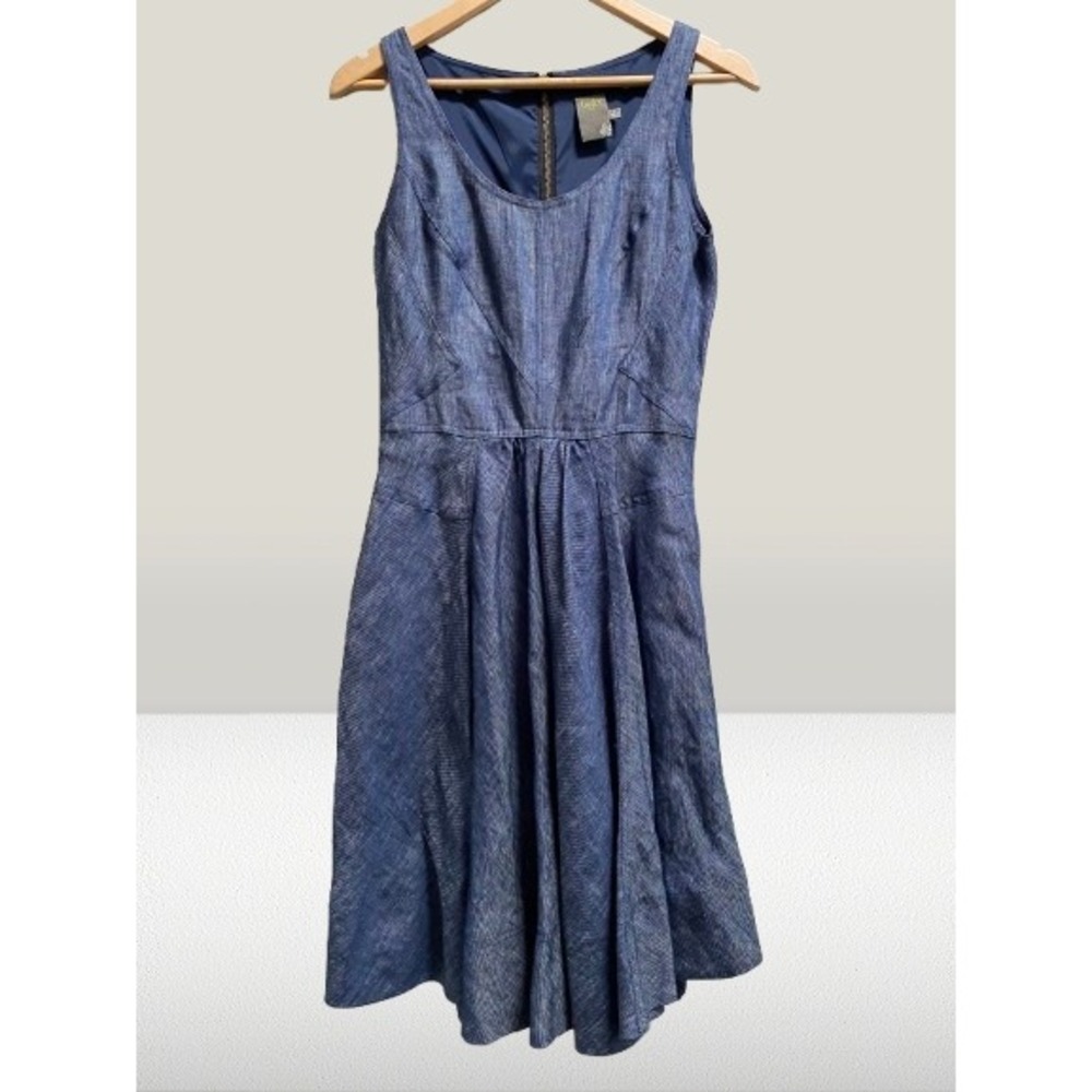 Taylor 100%‎ Linen Sleeveless Dress Pockets Classic Preppy Blue Size 2